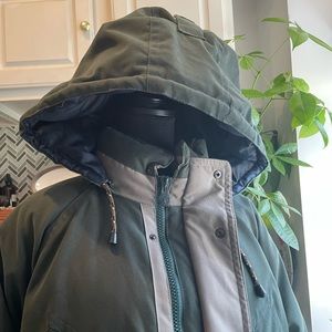 Mens Large Warm Vintage Rainforest Forest Club down feather hooden parka jacket